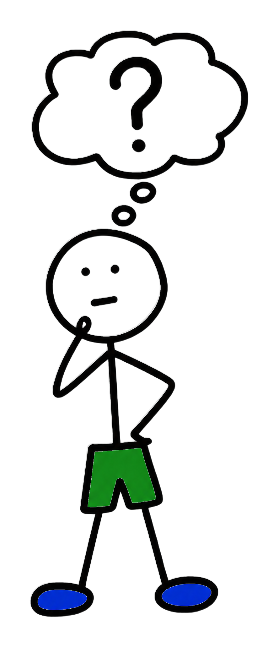 A stick figure pondering, with a question-mark thought bubble